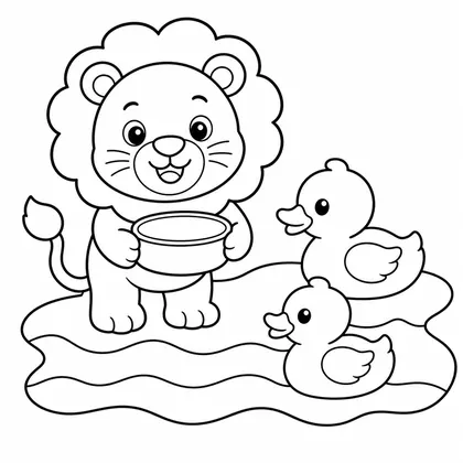 Dibujo de leon dando de comer a patos para colorear