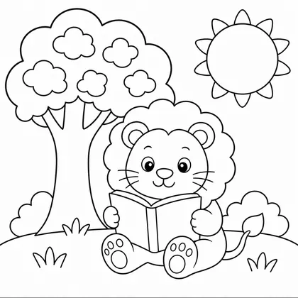 Dibujo de leon leyendo bajo un árbol para colorear