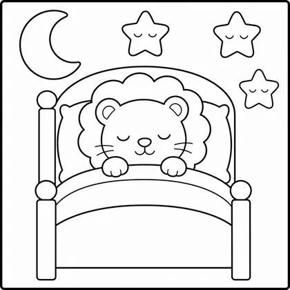 Dibujo de leon durmiendo en su cama para colorear