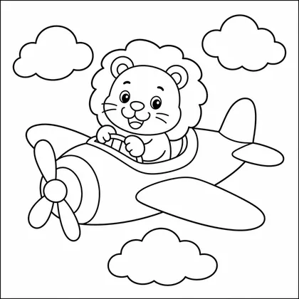 Dibujo de leon piloto en avión para colorear