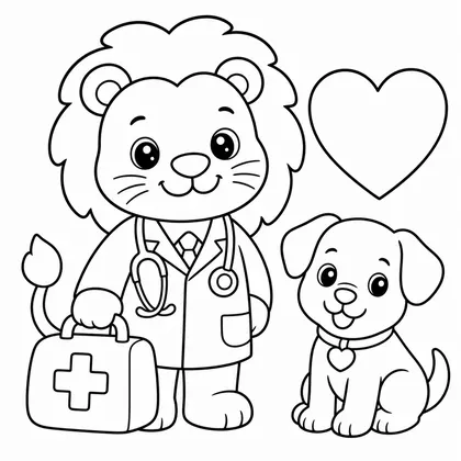 Dibujo de leon veterinario con cachorro para colorear