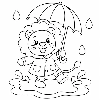 Dibujo de leon con impermeable en la lluvia para colorear