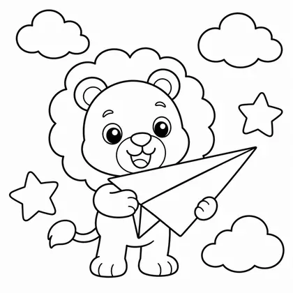 Dibujo de leon volando avión de papel para colorear