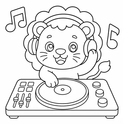 Dibujo de leon dj con tocadiscos para colorear