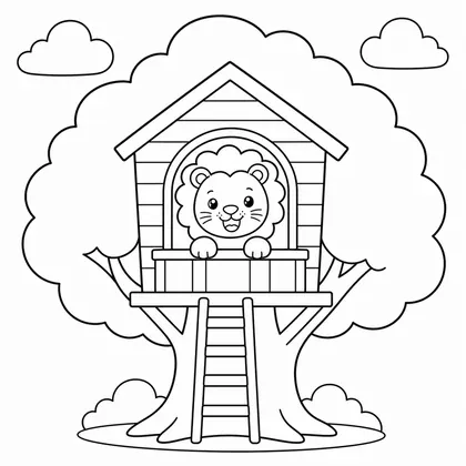Dibujo de leon en casa del árbol para colorear