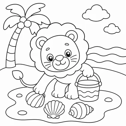 Dibujo de leon recogiendo conchas para colorear