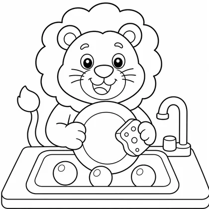 Dibujo de leon lavando platos para colorear
