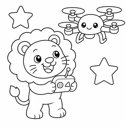 Dibujo de leon volando un dron para colorear