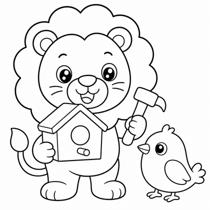 Dibujo de leon construyendo casita de pájaro para colorear