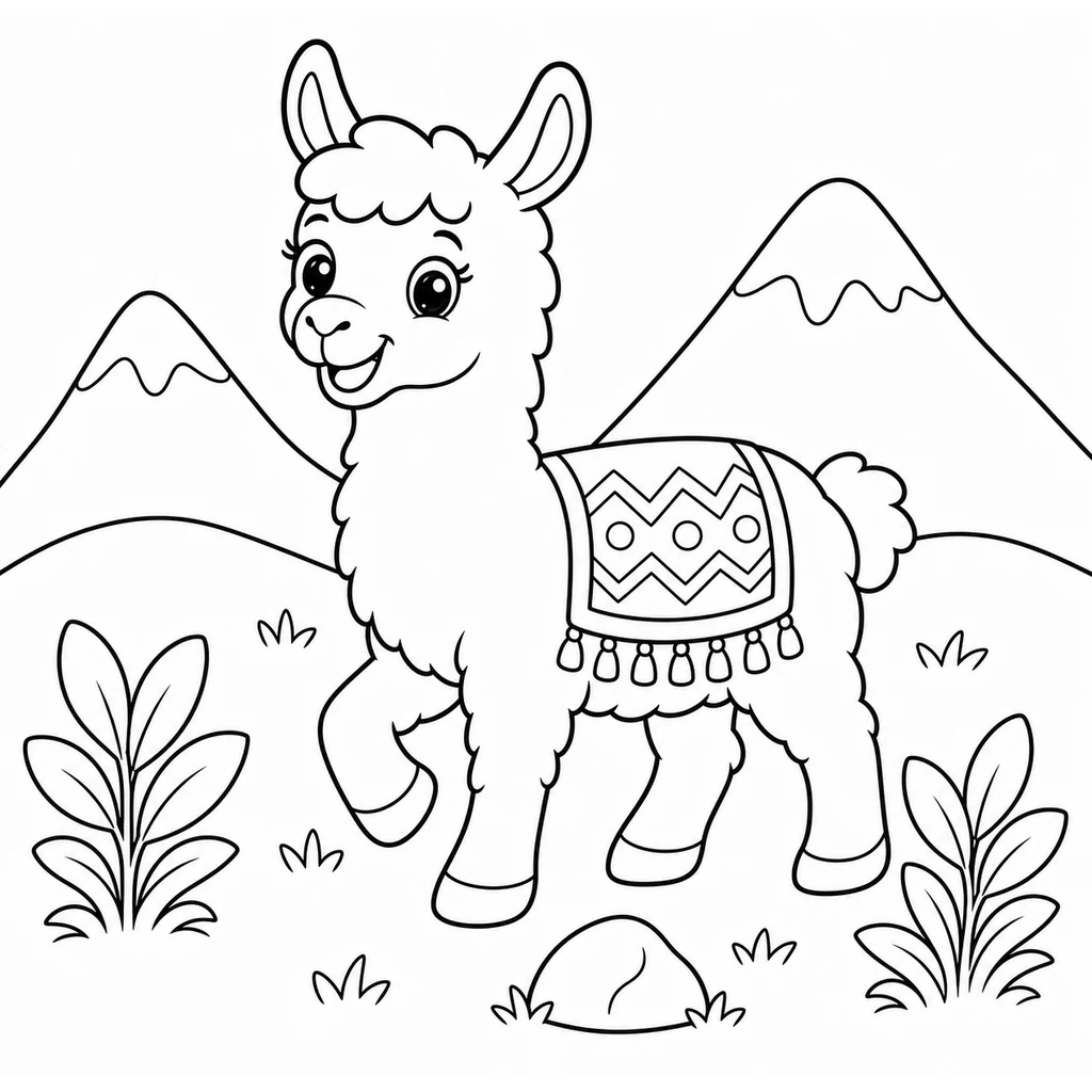 Coloriage : Lama dans la prairie
