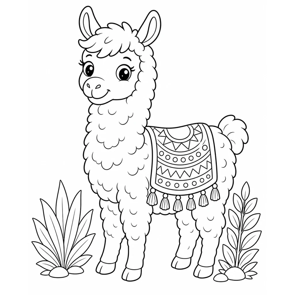 Coloriage : Lama avec une couverture décorée