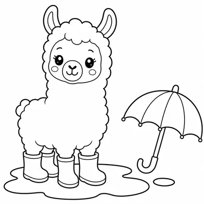 Llama with boots and an umbrella coloring page