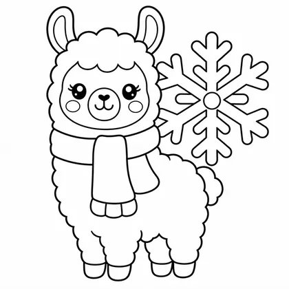 Llama with a scarf and snowflake coloring page