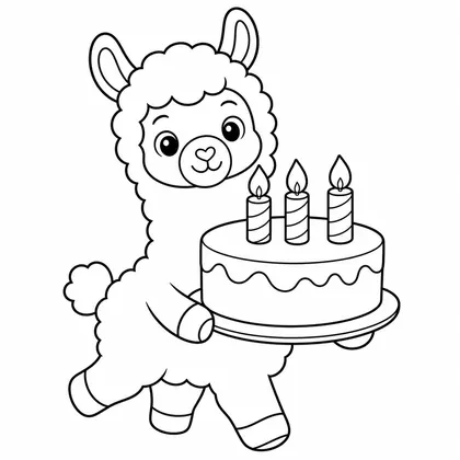 Dibujo de llama con torta de cumpleaños para colorear