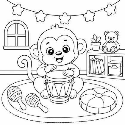 Monkey with a drum coloring page