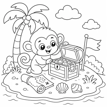 Pirate monkey with treasure coloring page