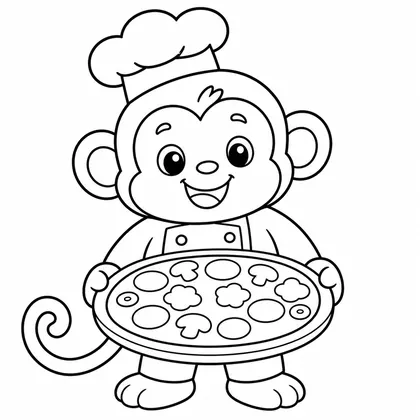 Dibujo de mono chef con pizza para colorear