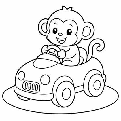 Dibujo de mono en coche de juguete para colorear
