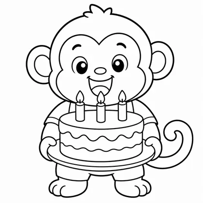 Dibujo de mono con pastel de cumpleaños para colorear