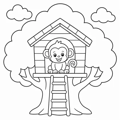 Dibujo de mono en casa del árbol para colorear
