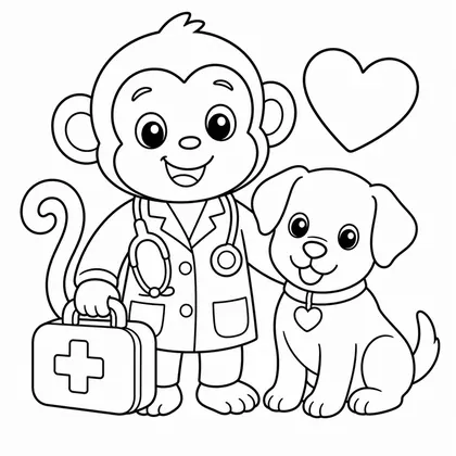 Dibujo de mono veterinario con cachorro para colorear