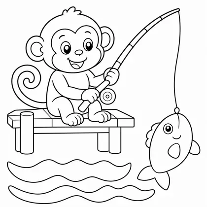 Dibujo de mono pescando en el muelle para colorear