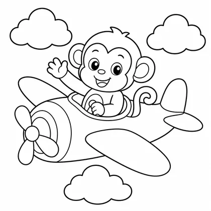 Dibujo de mono piloto en avión para colorear