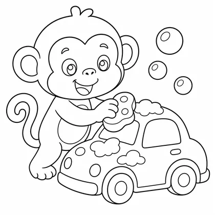 Dibujo de mono lavando un coche para colorear