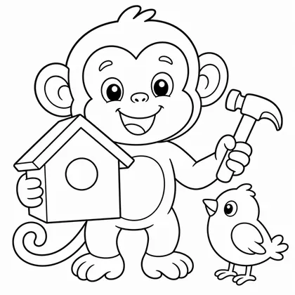 Dibujo de mono construyendo casita de pájaro para colorear