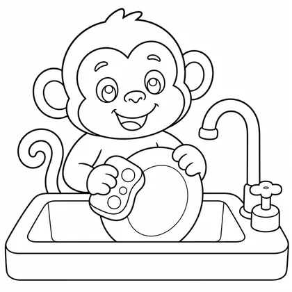 Dibujo de mono lavando platos para colorear