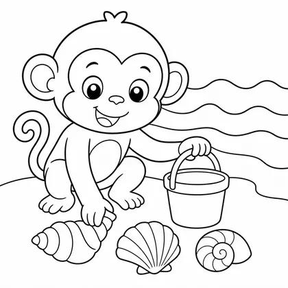 Dibujo de mono recogiendo conchas para colorear