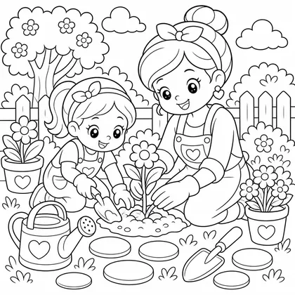 Dibujo de mamá y niña en el jardín para colorear