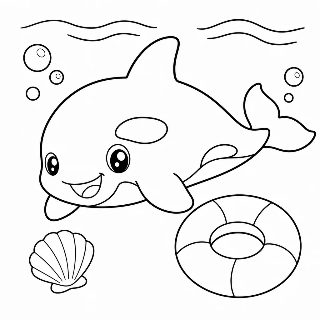 Coloriage : Orque avec une bouée et un coquillage