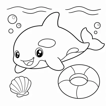 Dibujo de orca con flotador y concha para colorear