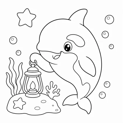 Dibujo de orca con farol y roca para colorear