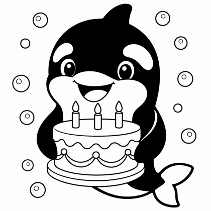 Dibujo de orca con pastel de cumpleaños para colorear