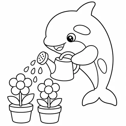 Dibujo de orca regando flores para colorear