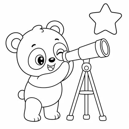 Panda with a telescope and star coloring page