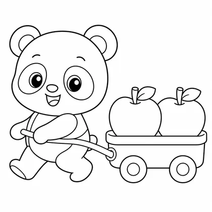 Panda with a wagon of apples coloring page