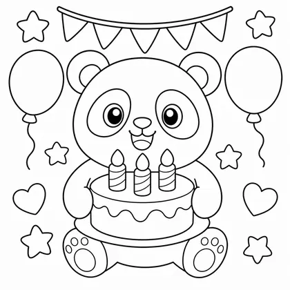 Dibujo de panda con tarta de cumpleaños para colorear