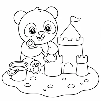 Dibujo de panda con castillo de arena para colorear