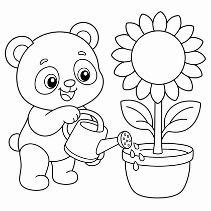 Dibujo de panda regando girasol para colorear
