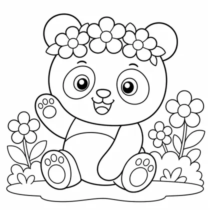 Dibujo de panda con corona de flores para colorear