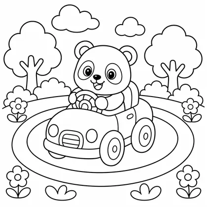 Dibujo de panda en coche de juguete para colorear