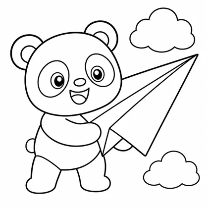 Dibujo de panda con avión de papel para colorear