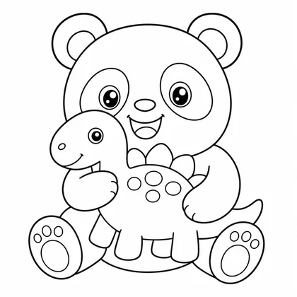 Dibujo de panda con dinosaurio de juguete para colorear