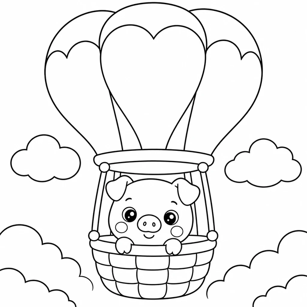 Coloriage : Cochon en montgolfière