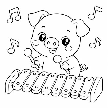Pig with a xylophone coloring page