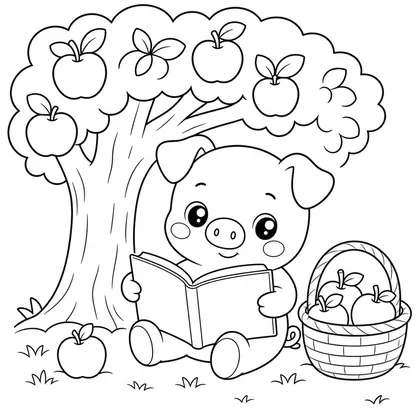 Pig reading under a tree coloring page