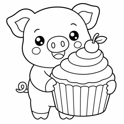 Dibujo de cerdito con cupcake para colorear